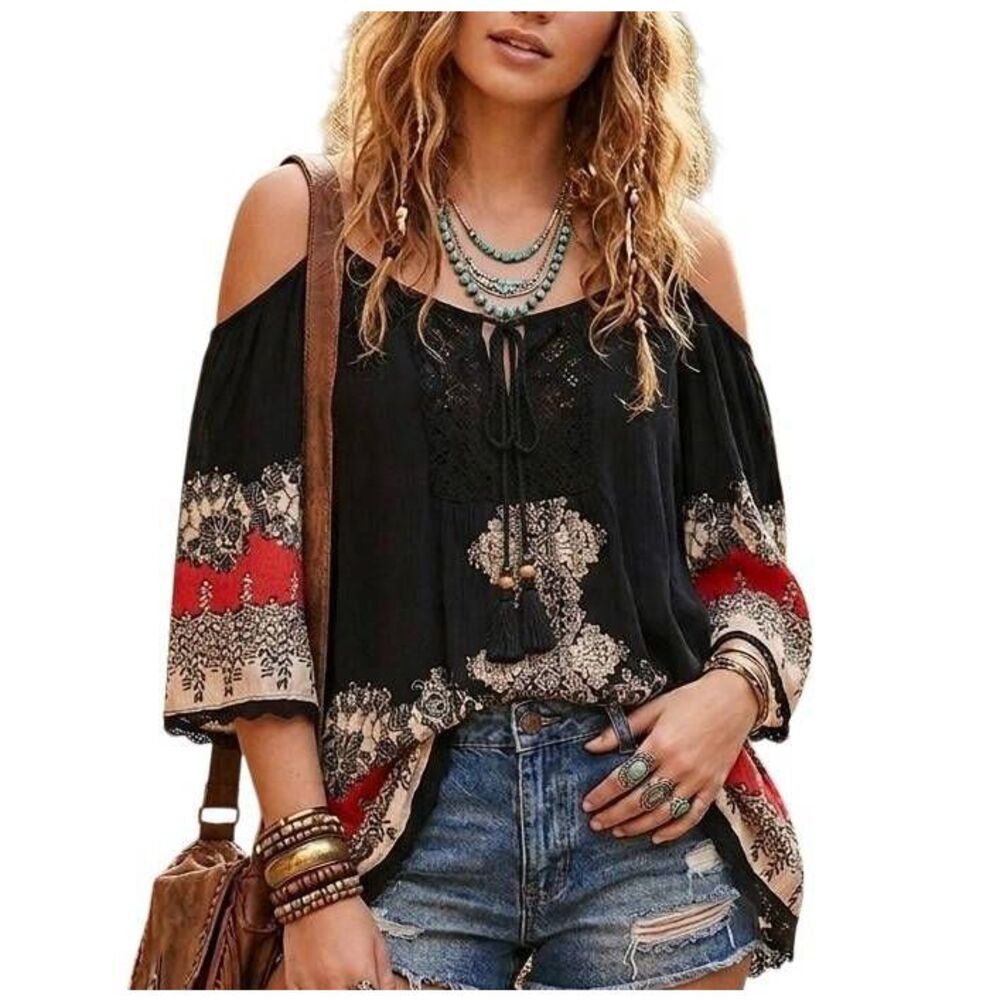 Y2K Angie cold shoulder boho black red cream crinkle tassel crochet trim top 1X